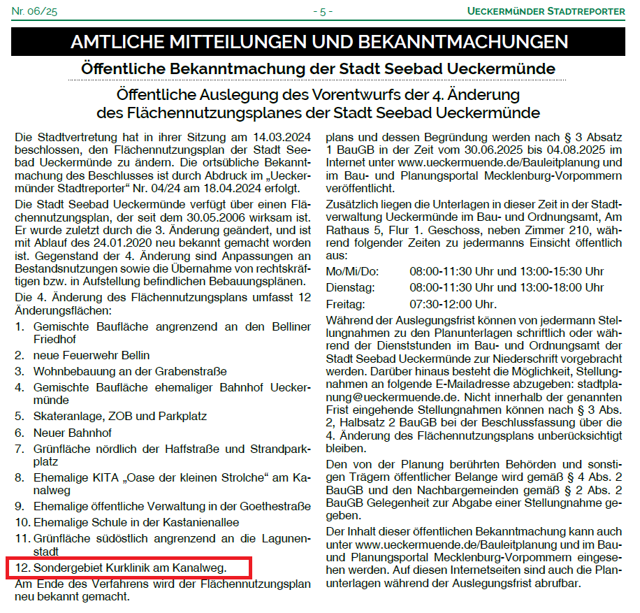 Öffentliche Auslegung im Stadtreporter 06/2025